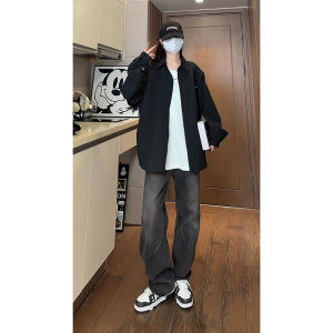 Mens Long Sleeve Shirt Wrinkles Texture American Style Couple Coat Spring New Fashion Casual Loose Fit Button Decoration