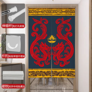Chinese Lotus Door Curtain and Partition Curtain For Home Bedroom Punch-Free Half Curtain Cloth Covering Toilet Living Room Bathroom Hanging Curtain
