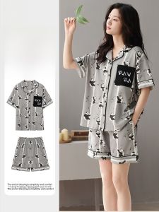 miiow | Pure Cotton Summer Sleepwear Womens Comfortable Short Sleeve Shorts Home Clothes Set Breathable Lightweight Cartoon Pattern