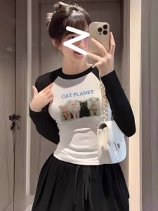 Áo Thun Cotton Cổ Tròn Màu Tương Phản Thời Trang Nữ Dáng Ôm Vừa Vặn Ngắn Mùa Xuân Thu Thường Ngày Dài Tay in Họa Tiết Hoạt Hình