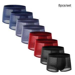 8pcs/set Mens Panties Ice Silk Mesh Men Underwear Breathable Mens Underpant Fashion Panties Male Solid Color Boxer Shorts