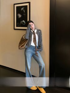 Washed Micro Flare Jeans Womens American Retro Straight Leg Long Pants Slimming Trousers Low Waist Cotton Stretch Denim