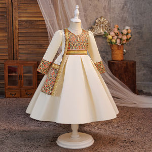 Formal Flower Ramadan Muslim Prayer Party Girl Dress Robe Arab Dubai Enfant Birthday Prom Dresses Girls Long Sleeve Wedding Gown