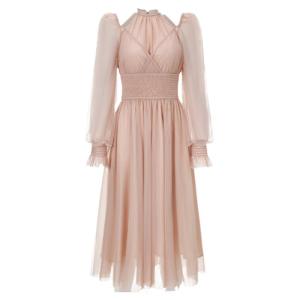 TAMMY TANGS | Sweet Style Long Sleeve Pearl Necklace Mesh Dress Womens Midi Dress City Commute Work Date Party Shopping Street Style X Version