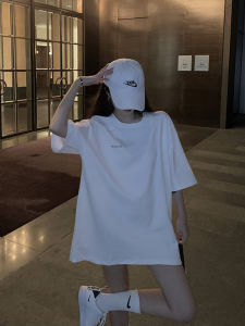 White Short Sleeve T-Shirt Women Summer New Loose Lower Body Missing Pure Cotton Embroidery Versatile round Neck Top