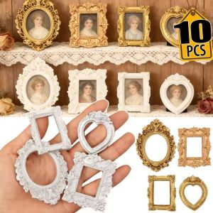 10PCS DIY Mini Photo Props Dollhouse Golden Display Stand Ornament European Retro Picture Holder Exquisite Relief Decor
