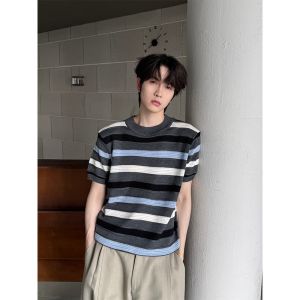 NANSSE | Retro Stripe Contrast Color T-Shirt Mens Short Sleeve