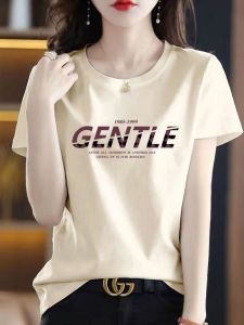 High-End Famous Brand Shoulder Womens Cotton Short-Sleeved T-shirts Female Elegant Loose T-shirt Fashion Print Inner Bottoming Shirt