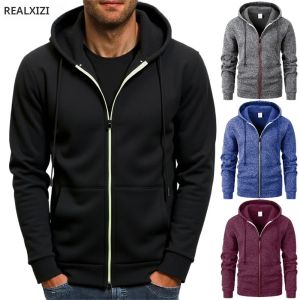 ฤดูใบไม้ร่วงเสื้อกันหนาวผู้ชายสีทึบลำลองแขนยาวเสื้อแจ็คเก็ตมีฮู้ดซิปปิดกระเป๋าสลิมฟิตเสื้อผ้าชาย
