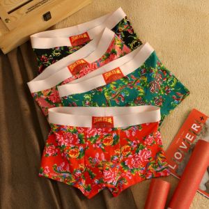 Mens Cotton Breathable Boxer Shorts Fashion Print Lucky Year Red Celebration Northeast Big Flower Short Pants Mid-High Waist