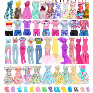 23PCS Doll Clothes =6 Floral Sequined Memaid Dress 5 Short Dress 2 Tops Pants/Shorts 10 Shoes Doll Accessories Kids Toys Gift
