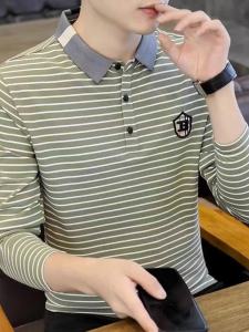 เสื้อยืดคอโปโลลายทางสูงสุดสำหรับผู้ชาย แขนยาว ทรงสลิมฟิต แฟชั่นฤดูใบไม้ร่วง เสื้อเชิ้ตพื้นฐาน เสื้อผ้าทำงานลำลอง