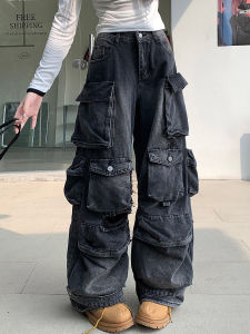 Retro American Washed Multi-Pocket Workwear Denim Pants High Waist Loose Long Trousers for Women plus Size Autumn 2024