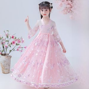Elegant Long Sleeve Girls Hanfu Dress Childrens Ancient Costume Princess Skirt Cotton Blend Fabric Spring Autumn Wear