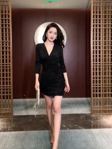 ZYHT Đầm màu đen áo dài tay cổ chữ v Phong cách Nước pháp Sequin Ceremonial Mini đầm lấp lánh dự tiệc 9685