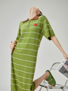 Spring 2025 Womens Loose Casual Knitted Dress Green Stripe Bohemian Style Korean Version H-Line Midi Skirt Short Sleeve Polo Collar