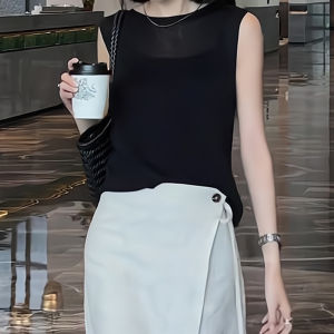 French Elegant Thin Ice Silk Sleeveless T-Shirt Women Summer New Style Loose Commute Slimming Top Trendy Casual round Neck