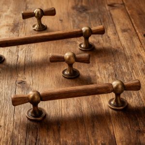 INNDUN | Retro Decorative Brass and Walnut Wood Drawer Pull