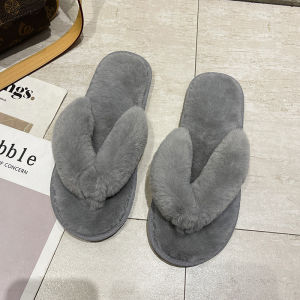 Warm Lady Rabbit Fur Sewn Slippers Plush round Toe Candy Colored Home Floor Shoes Adjustable Crossbody for Young Women