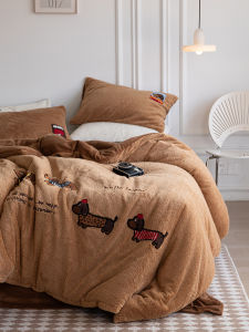 Winter Thickened Lamb Velvet Four-Piece Set Milk Velvet Fleece Cute Towel Embroidered Bedding Quilt Cover Sheet Bed Canopy