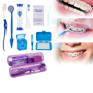 8 Pcs/Set Oral Cleaning Care Orthodontic Dental Care Kit Set Clean Tool Braces Toothbrush Foldable Oral Health Tooth Portable Travel Dental Pick Tool Set For Braces Interdental Brush Ortho Wax Floss Oral Mirror Included (Blue/Violet/Green)