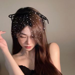 ที่คาดผมผ้าคลุมศีรษะโบว์พลอยเทียมหรูหราผ้าโพกศรีษะตาข่ายสีดำ MODE Korea เครื่องประดับผมสำหรับเด็กผู้หญิง