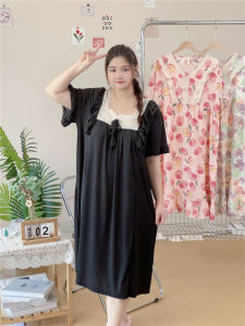 ชุดนอนผ้าไหมน้ำแข็งลายทางแขนสั้นฤดูร้อนสำหรับผู้หญิงไซส์ใหญ่ คอกลม ทรงหลวม สีพื้น เสื้อผ้าใส่ในบ้าน ผ้าฝ้ายผสมโพลีเอสเตอร์