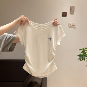 Embroidered Pleated Slimming Bow Tie Short Sleeve T-Shirt