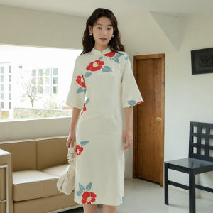 Young Elegant Yellow Dress Gentle Fairy Style Revamped Cheongsam 541 Retro National Trend High Waist Long Sleeve Midi Skirt