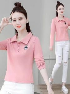 เสื้อยืดคอโปโลผู้หญิงแขนยาวผ้าฝ้ายปักลายสไตล์เกาหลี ทรงสลิมฟิต สีพื้น ปกติ ฤดูใบไม้ร่วง 2024 จีน