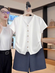 Summer V-neck Short Sleeve Stylish Slim Waist T-shirt