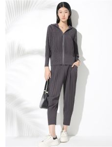 Pleated Casual Set Womens Hooded Cardigan Zipper Coat and High Waist Pleated Cropped Harem Pants Two-Piece Set #20240915