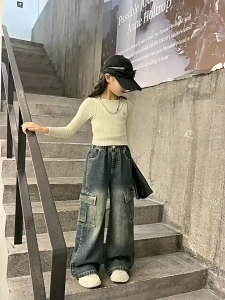 Kids Girls Cargo Jeans New Korean Fashion Retro Washed Color Denim Pants Big Cargo Pocket Korean Casual Girls Teens Bottoms 7-16yrs