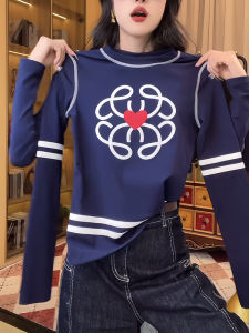 Yijia Stylish Trendy Cool Bottoming Shirt Silm Slim Looking Heart Printing Contrast Color round Neck Base Long Sleeve Shirt