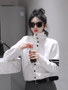 Korean High-End Three-Bar Single Button Knitted Open Cardigan Autumn Wear Loose Slimming Womens Top Long Sleeve High Collar