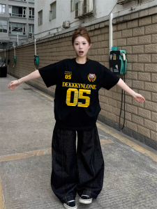 Black Pure Cotton Short Sleeve T-Shirt Womens Summer American High Street Trend Loose Oversize Half Sleeve Design Sense Top