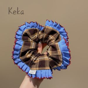 Trendy Blue Plaid Hair Ties Womens High Low Ponytail Elastic Fabric Hair Bands Korean Style Fashion Accessories for Adults