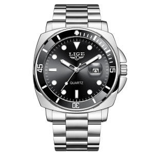 นาฬิกาดั้งเดิม LIGE นาฬิกาควอทซ์สแตนเลสปฏิทินกันน้ำผู้ชายแฟชั่น + กล่อง