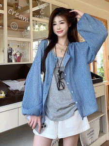 BINKAFENNY | Beach Vacation Blue Plaid Long Sleeve Shirt Women Summer Design Loose Versatile Beautiful Top Korean Style Commute Fashion