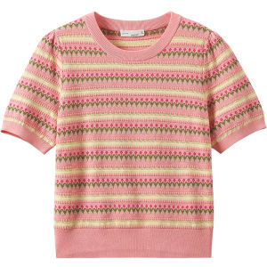 INMAN | Inman Summer 2024 Womens Breathable Thin Short Sleeve Knitted Shirt Striped Blue Top Comfortable Polyester Blend Commute Style