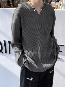 Spring Stylish Niche Style Ruched Drape Long Sleeves T-shirt Mens Trendy Loose Casual V-neck Couple Bottoming Shirt Tops