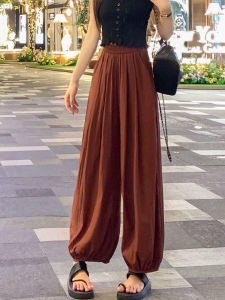 กางเกงลำลองผ้าฝ้ายลินินเอวสูง กางเกงขายาวทรงหลวมฤดูร้อนบาง กางเกงขายาวทรงหลวมสำหรับผู้หญิง ทรงสลิมฟิต