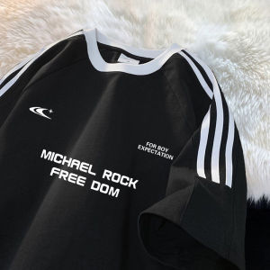 American Style Three Bars Short Sleeve T-Shirt Men Summer New High Street Trend Loose Casual Top Pure Cotton Sweat Absorbent