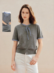 INMAN | Cool Silk Gingham Wood Ear Bow Knit Cardigan
