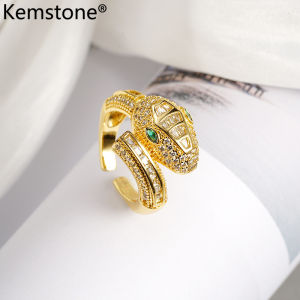 Kemstone แหวนชุบทองโบราณ18K Zircon ฝังราศีงูสตรีแหวนแบบปรับขนาดได้เครื่องประดับแหวนเปิด