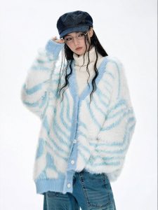 BJHG | Faux Mink Wool Zebra Stripe Loose Cardigan Winter