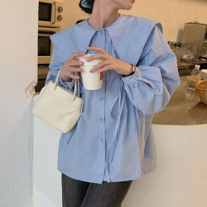 Slimming Large Size Womens Shirt Autumn Fashion Doll Collar Loose Sweet Versatile Unique Top Korean Style Long Sleeve Button up