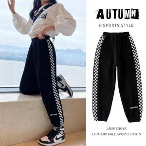Long Pants for Kids Girls Cotton Teenage Sport Trousers Korean Plaid Bottom Spring Women Joggers 2024 INS Sweatpants Elastic Waist Cargo Pant 2024 INS seluar budak perempuan