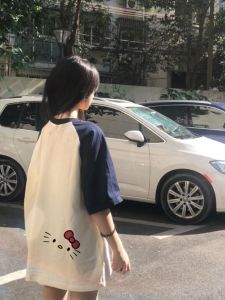 Kitty Cat Short Sleeve T-Shirt Womens Summer New Oversize Loose Fit Cotton round Neck Korean Style Commute Cartoon Print