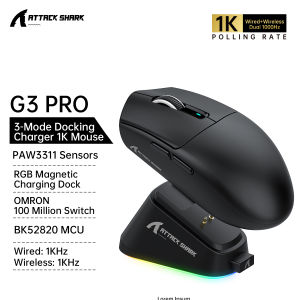 ATTACK SHARK | ATTACK SHARK G3 PRO Tri-Mode Wireless Gaming Mouse Magnetic Charging Dock62g Lightweight PAW33111000Hz 2.4G Wireless/Bt